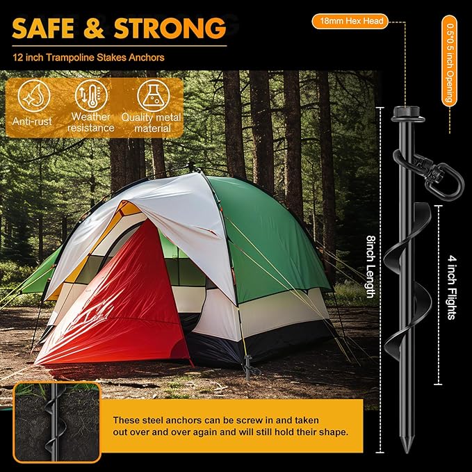 Hiboom 4 Pcs Ground Anchors with T Handle Hex Wrench Trampoline Hook, Ground Anchor Screw in Kit, Inflatable Outdoor Decorations Accessories for Camping Tents Car Ports Canopies (Black,8 Inch)