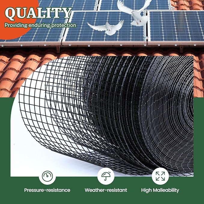 1/2" 6" X 100' Solar Panel Bird Guard Mesh, with 60 Fastener Clips Critter Guard for Solar Panels, PVC Coated Galvanized Bird Guard, for Squirrel,Bird,Critters Proofing