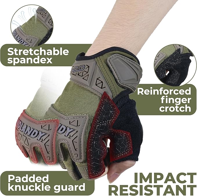 HANDLANDY Fingerless Work Gloves for Mens & Women, Uwrist Half Finger Shock-Absorbing Breathable Glove