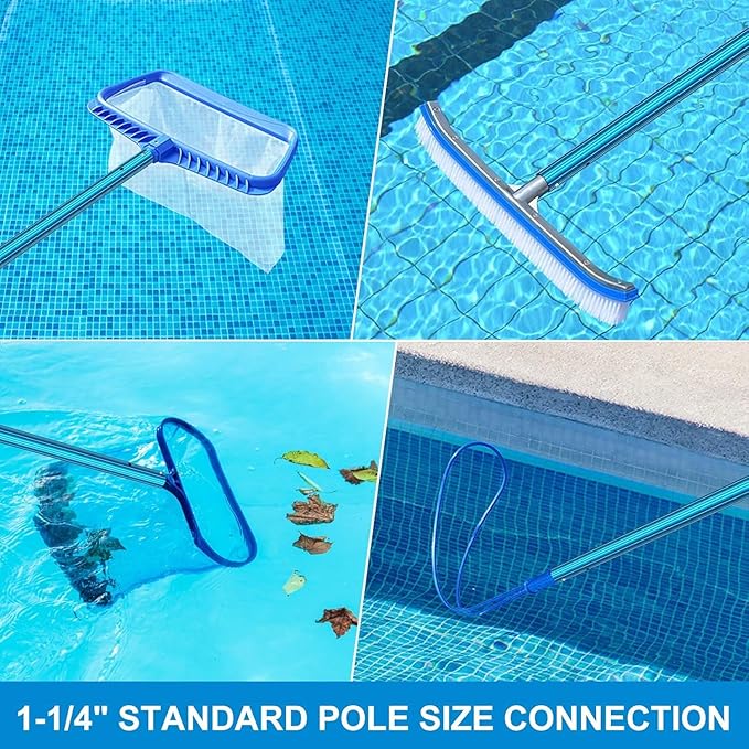 CKE Upgraded 16.5 Feet Thicken 1.3mm Blue Aluminum Telescoping Swimming Pool Pole,Adjustable 3 Piece Expandable Step-Up,Attach Connect Skimmer Net,Rakes,Brushes,Vacuum Head with Hoses, Universal 1.25"