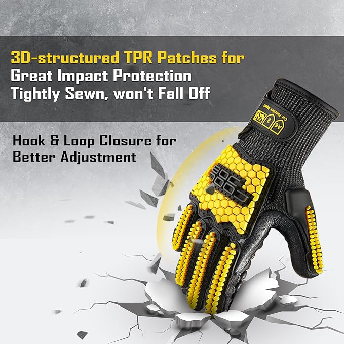 COOLJOB A6 Cut Resistant Anti Vibration Work Gloves Men, TPR Impact Reduce Mittens, Palm Rubber Patch Shock Absorption, M-2XL
