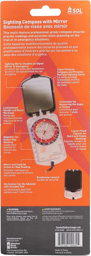 S.O.L. Survive Outdoors Longer Sighting Compass with Signaling Mirror