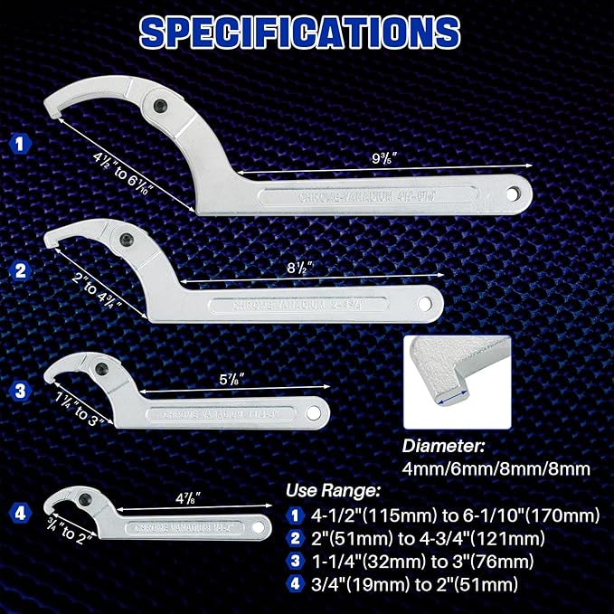 DASBET 8pcs Adjustable Pin Spanner Wrench Tool Set, C-Shape Pin Hook Wrenches with Changeable Head for Pipes Heating Cars, Spanner Nut Wrench for Suspension System, 3/4" to 6-1/10"