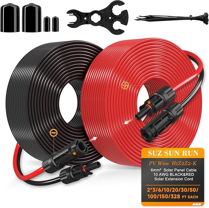 Solar Extension Cable 10 Gauge Panels Wire 3Ft 10AWG (6mm²) PV Wires SJZSUNRUN Tinned Copper Cables with 2 Pairs Solar Connectors for Outdoor Automotive, Marine, (Black&Red)