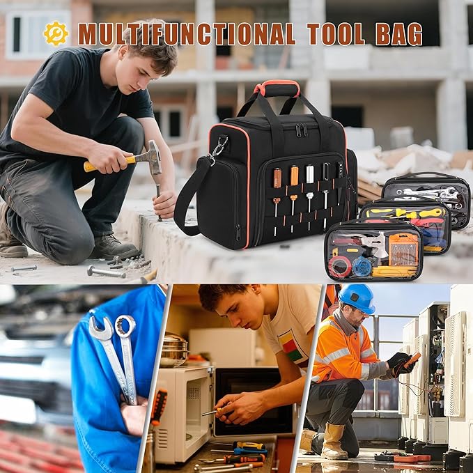 Tool Bag with 3 Removable Cases, 2 Layers Tool Tote for Hand Tools, Black with Red Binding