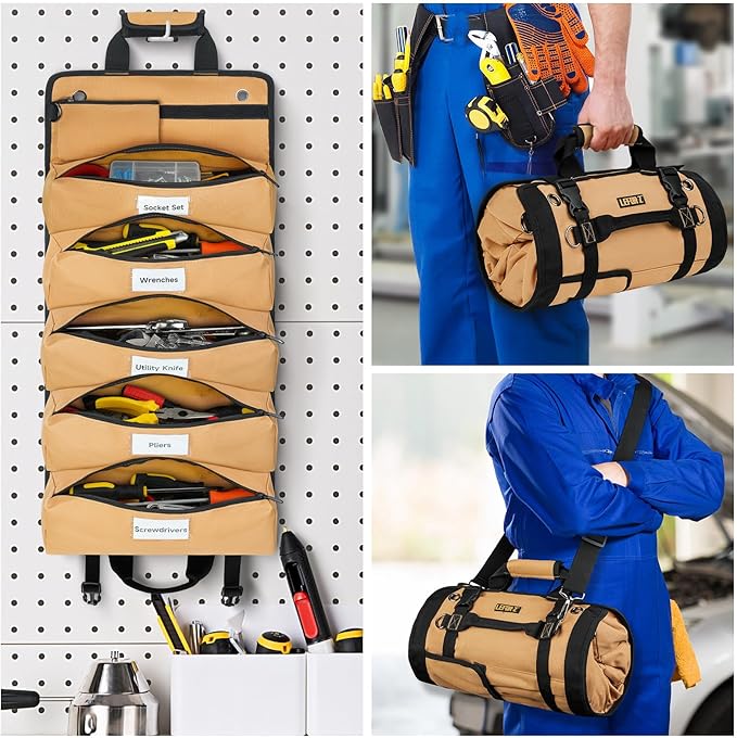Tool Bag,Large Roll Up Tool Bag Organizer,13 Pockets Tool Roll Storage Pouch,Heavy Duty Portable Tool Storage Carrier Bag for Men,Mechanic,Electrician,Valentines Day Gifts for Men,Brown