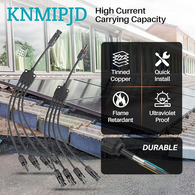 Solar Panel Connector 4 to 1 Y Branch Parallel Adapter, 30A 1000V 10AWG Tool-Free IP68 Waterproof Cable for Solar Panels (Y Branch, 4to1(1Pairs))