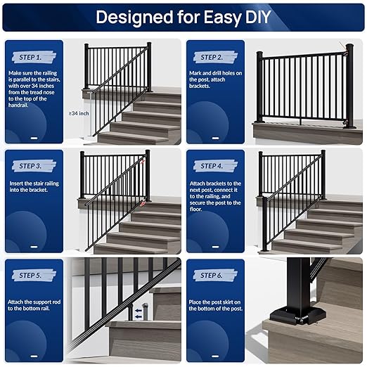 Egadis 36 in. H x 6 ft. W Porch and Deck Railing Kit, Aluminum Stair Railing Kit, Black Textured AAMA 2604 Powder-Coat Finish Railing System for Concrete Steps or Wooden Stairs (1 Post, 1 Panel)