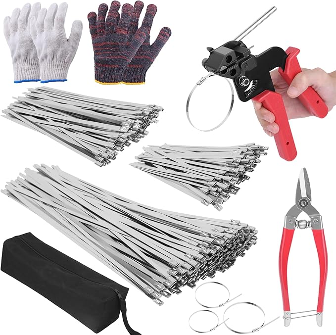 400PCS Metal Zip Ties Gun Kit, 6/8/12 Inch Heavy Duty Metal Zip Ties, Multi-Purpose Self-Locking Cable Tie Tool Set for Vehicles Farms Plants Fences Pipe Bundling, Scissors