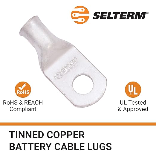 SELTERM 10pcs 6 AWG-1/4" Stud (Wide Pad) Tinned Copper Wire Lugs,Heavy Duty Battery Cable Ends,6 Gauge Ring Terminals,UL Battery Lugs Marine Grade Copper Eyelets Electrical Battery Terminal Connectors