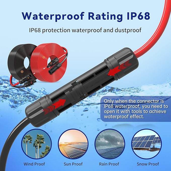 Solar Extension Cable 10AWG 6mm² 150FT PV Wire 10Gauge Adaptor Panels Cables with Female & Male IP68 Waterproof Connectors for Outdoors, Marine, RV, Photovoltaic (Black& Red)