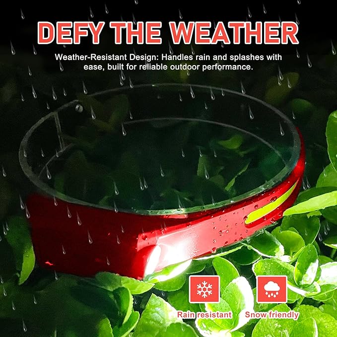 Rechargeable LED Headlamp (Red), 400 Lumens, 230° Wide Beam, USB-C, 5 Modes — Lightweight, Adjustable Headband; Hard Hat Clips for Camping, Hiking, Running & Repairs