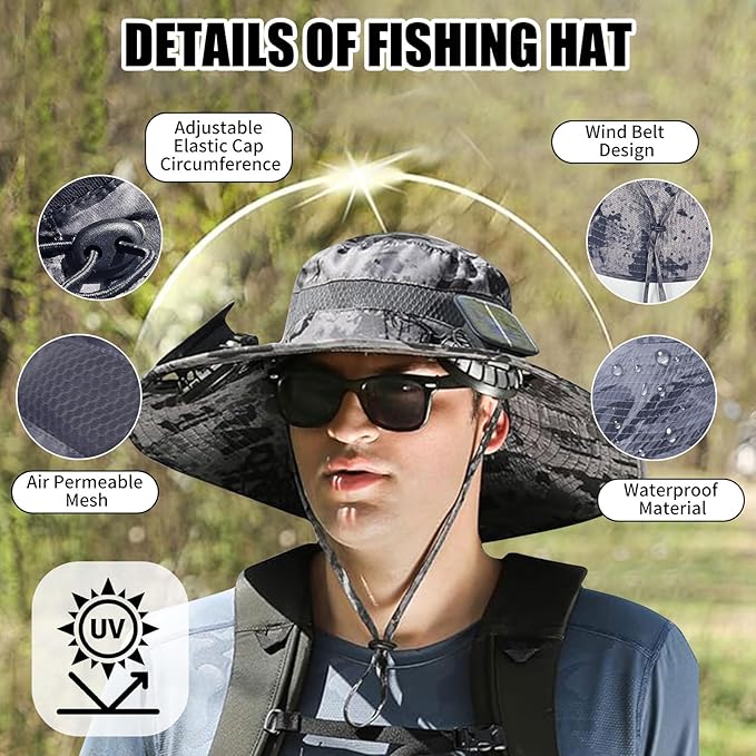 Wide Brim Outdoor Solar Fan Hat, UPF 50+ Fishing Hat for Man with 2 Solar Fan, 3 Modes 180°Rotating Fan Hats