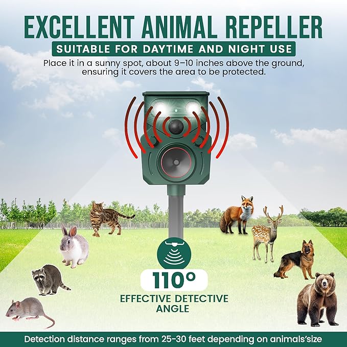 2026 New Solar Ultrasonic Animal Repellent for Yard IP65, Animal Repeller, Ultrasonic Cat Repellent Outdoor Motion Sensor, Motion Sensor & Flashing Light, Repel Dogs, Deer Repellent, Raccoon, Rabbit