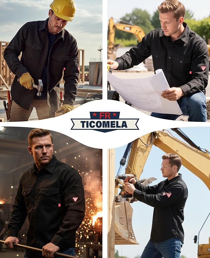 TICOMELA Men’s Mid-Weight FR Welding Shirt, 7.5oz 100% Cotton NFPA 2112 CAT2 – Flame-Resistant Button-Down Work Shirt