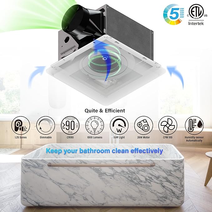 Bathroom Fan with Light and Humidity Sensor: 26W Ceiling Mount Ventilation Fan and LED Light Combo for Bathroom and Home, 100CFM, 5CCT Seletable, Dimmable & Wet Rated, ETL Certified