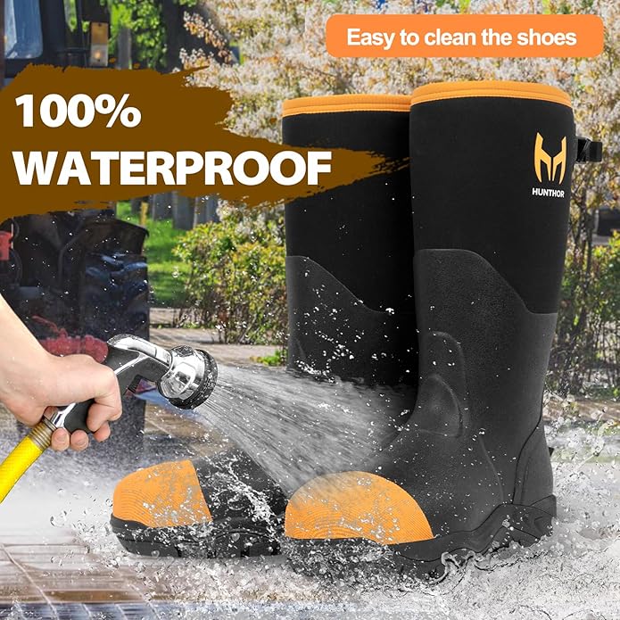 Rubber Work Boots for Men with Steel Toe, 1100N Puncture-Proof Hunting Boots with 7mm Neoprene Waterproof and EVA Midsole, Adjustable Back Gusset, Ideal for Hunting, Work, and Farming Size 7-14