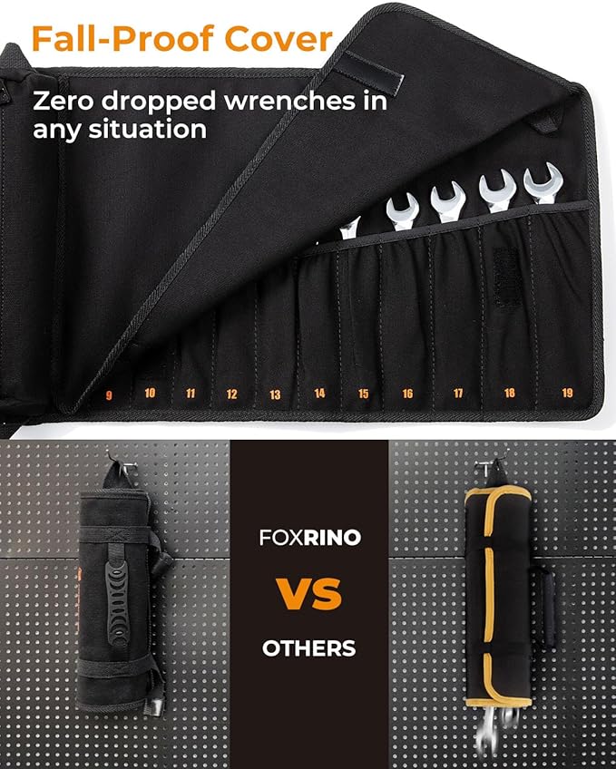 Wrench Roll, Wrench Roll Up Pouch, 12-Pocket Heavy Duty Canvas Wrench Organizer Bag for Metric Combination Wrenches, Portable Tool Roll Bag, Gifts for Men for Christmas (Black, 12+1 Metric)