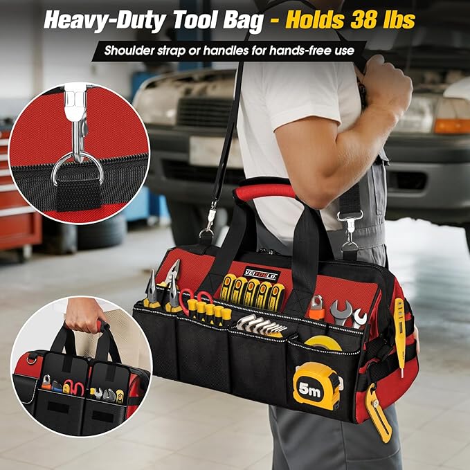 16-Inch Heavy Duty Tool Bag, 19-Pockets Tool Box Organizer, Portable Toolbag W/Soft Handle for Organized Storage, Mechanic Gifts for Men Dad Husband Fathers Day, Wide Mouth Electrician Toolbox, Red