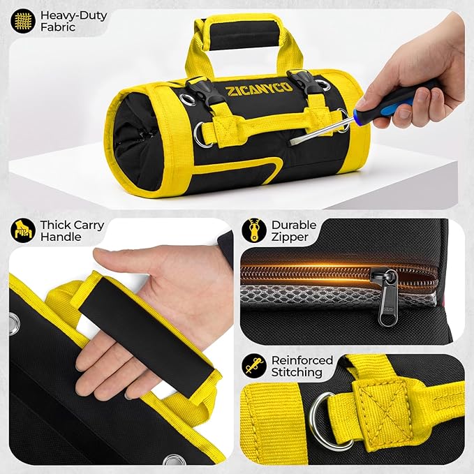 Roll Up Tool Bag, Heavy Duty See-Through Tool Roll Organizer with 2 Detachable Pouches, Portable Mechanic & Motorcycle Tool Bag, Birthday & Father’s Day Gift, Yellow