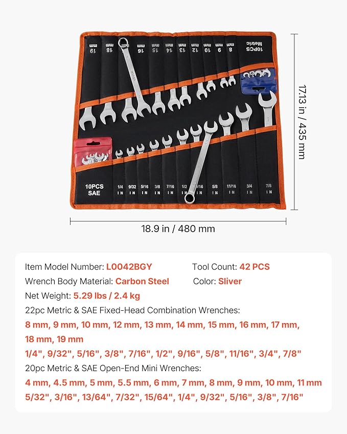 VEVOR Combination Wrench Set, 42-Piece SAE and Metric, 12-Point Box End and 15° Angled Open End Combination Wrenches with Roll Up Pouch, Carbon Steel, for General Household and Automotive Repairs