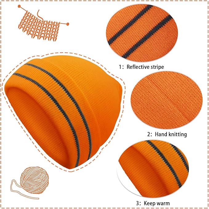 JenPen 3 Pcs Safety Beanie Reflective Hat Winter High Visibility Unisex Knit Beanie Hat Running Cap Headwear for Men Women