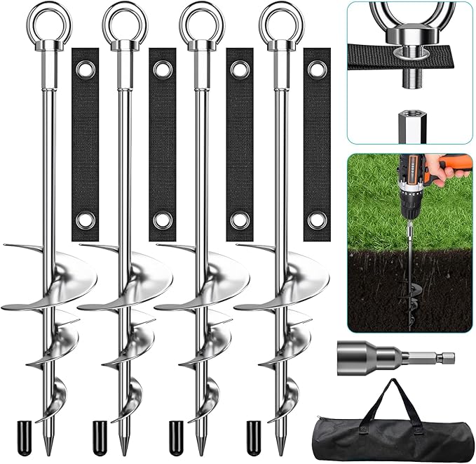 Phopich 18'' Ground Anchors, Fully Welded Heavy Duty Ground Anchors Screw in Swing Set Anchors Chrome Plating Anti Rust Ground Anchor with Straps for Dogs, Trampoline Stakes Resistant High Wind 4 Pack