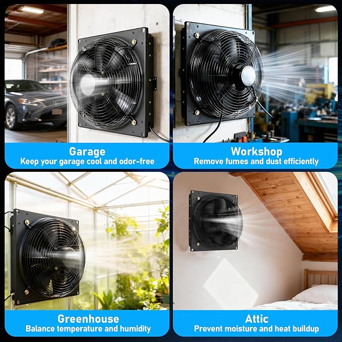 14 Inch Shutter Exhaust Fan with Automatic Louvers, 882 CFM 60W Heavy Duty 110-120V Wall Mounted Garage Ventilation Fan for Greenhouse, Attic, Barn, Workshop – Pure Copper Motor, All-Metal Louvered