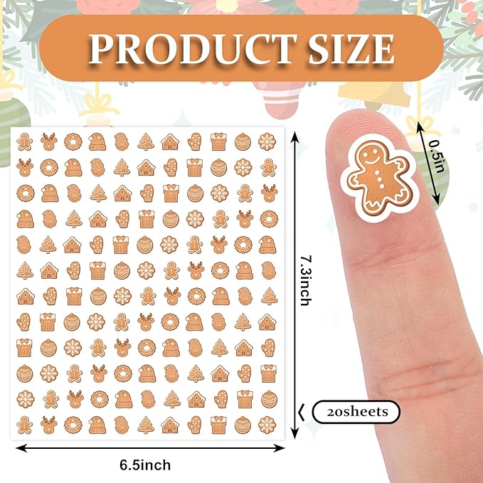 JarThenaAMCS 2400 Pcs Christmas Mini Sticker Paper Decal Gingerbread Man Xmas Tree Self-Adhesive Sticker for Envelope Scrapbook Gift DIY Supplies, 0.5 in