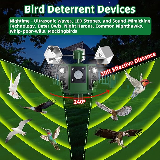 2026 Upgraded Solar Ultrasonic Bird Repellent Devices Outdoor Woodpecker Deterrent for House with Motion Activated & Reflective Spinning Deterrent IP65 Waterproof Pigeon Repellent for Garden Farm