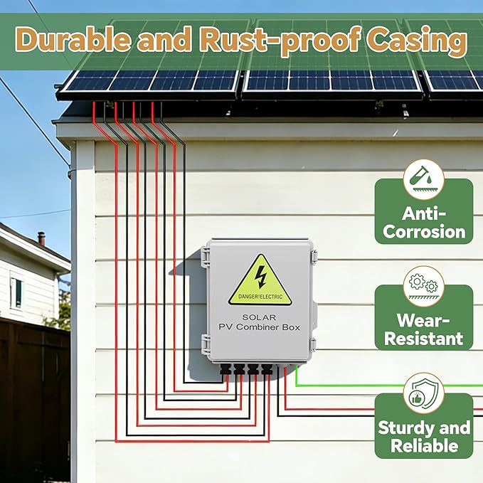 4 String Solar Combiner Box, IP65 Waterproof PV Combiner Box for On/Off Grid Solar System,with Lightning Arrester, 15A Rated Current Fuse & 63A Circuit Breaker(Plastic)