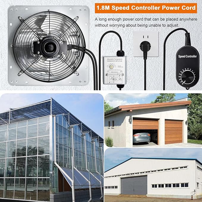 Hiorucet 10 Inch Wall Mounted Shutter Exhaust Fan with Thermostat and Speed Controller for Garage, Greenhouse, Shop, Attics, Chicken Coop, Shed, Basement, 844CFM 1606RPM Low Noise Louvered Exhaust Fan
