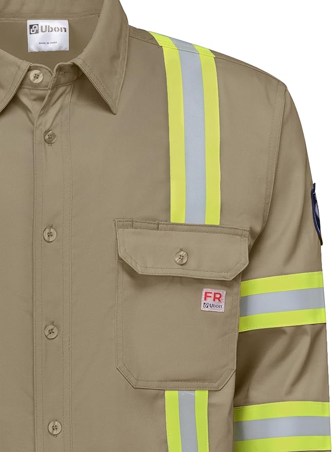Ubon FR Shirts for Men High Visibility Welding Shirt 100% Cotton Button Down Long Sleeve Safety Workwear 6.5 oz