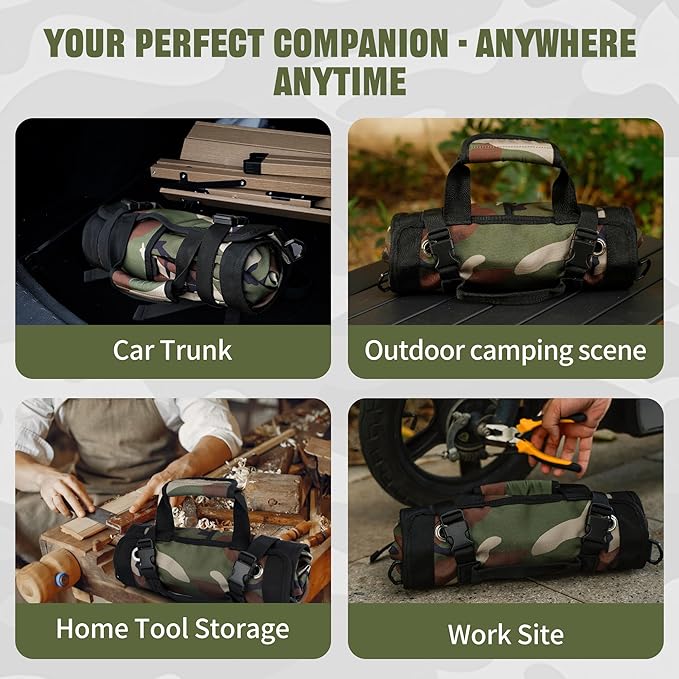 Portable Foldable Roll-Up Waterproof Tool Bag Organizer with 5 Compartments & 2 Detachable Pouches, Heavy-Duty Tool Pouch Bag, Dad Men Electrician Mechanic Gifts (Camouflage)