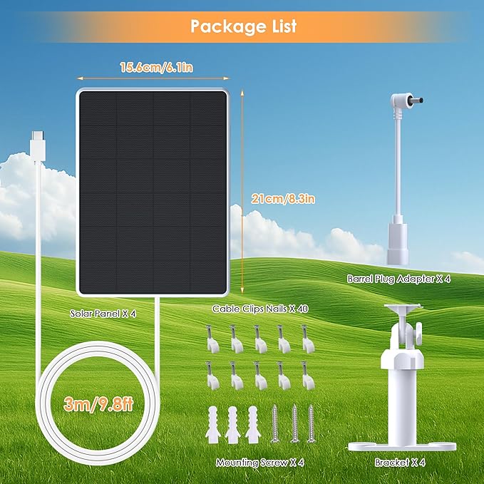 Solar Panel for Ring Camera,6W Solar Charger for Ring Stick Up Cam&All-New Spotlight Cam Outdoor Wireless (Battery),Fast Charging,Adjustable Mount,10ft/3m Cable,USB-C to Barrel Plug Adapte(4 Pack)