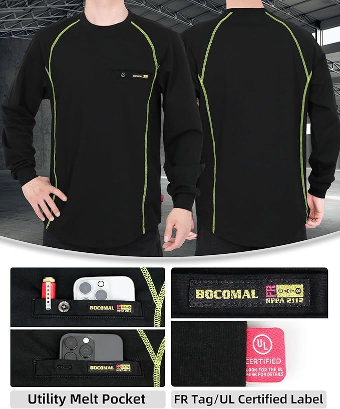 BOCOMAL FR Shirts for Men Melt Pocket Lightweight Crew T-Shirt NFPA2112/CAT2 Fire Resistant Work Shirt