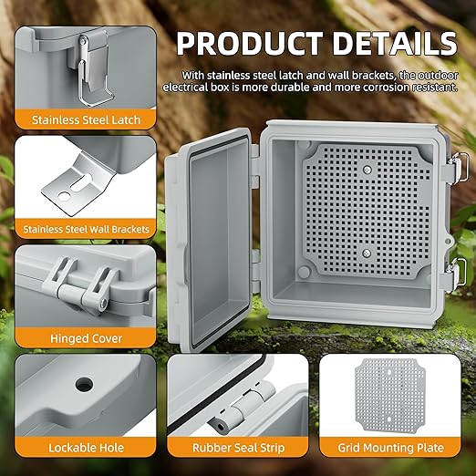 Joinfworld Outdoor Electrical Box Waterproof IP67 6X6 Plastic Project Box Enclosure Weatherproof for WiFi Electronics Solar Network Marine Outside with Stainless Steel Hinged