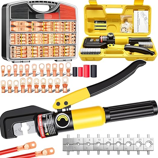 Twidec/230PCS Battery Cable Ends Kit AWG 8 6 4 2 1 1/0 2/0 Heavy Duty Copper Lugs Cable Wire Lugs,Copper Ring Terminals Connectors with Heat Shrink Tube and Hydraulic Crimping Tool 10 Tons with 9 Die