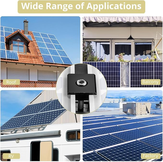Anbte 10pcs Solar Panels Centre Clamps, Aluminium T-Shaped Mid Clamps 40mm Solar Panel Mounting Brackets Solar Mounting Rail Connector for Metal Roof, Tin Roof, Flat Roof, Sheet Roof, Black
