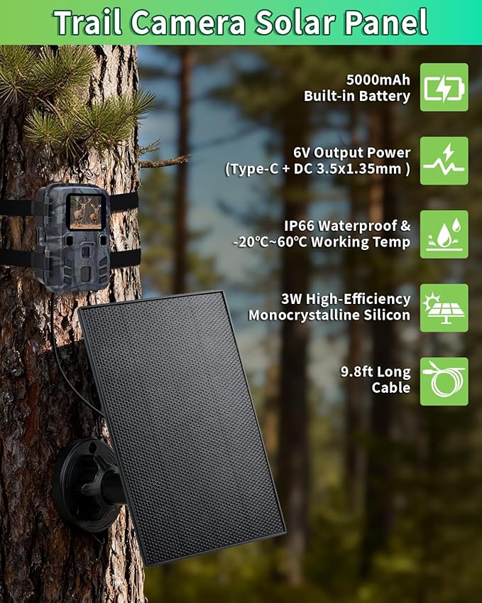 Trail Camera Solar Panel, 3W Solar Panel Charger with 5000mAh Battery and 6V USB-C & DC Port 9.8ft Cable, IP65 Waterproof Solar Panel for Trail Camera,Game Cameras Accessory (6V)