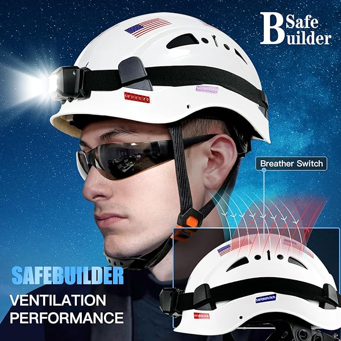 Construction Safety Helmet with Headlight Hard Hat Headlamp Adjustable Ventilation Hardhats Work Head Protection Certified ANSI/ISEA Z89.1