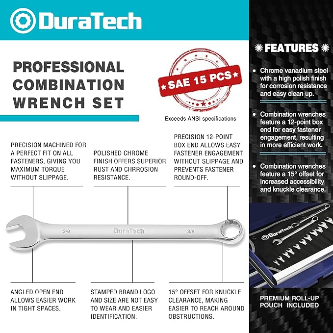 DURATECH Combination Wrench Set, SAE, 15-Piece, 1/4" to 1", 12-Point, CR-V Steel, with Rolling Pouch