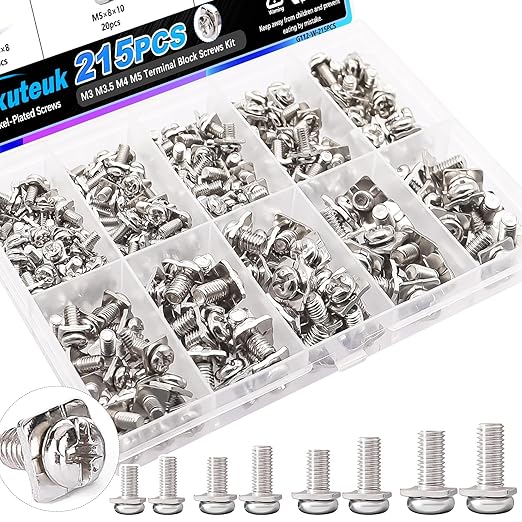 mxuteuk 215PCS Terminal Block Screws Kit,M3 M3.5 M4 M5 Terminal Screws,Nickel-Plated with Square Washers for Switch Plates,Electrical Panels and Terminal Blocks