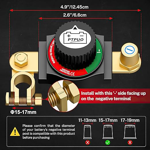 Top Post Battery Disconnect Switch, Car Battery Disconnect Switch, 12V-48V Battery Cut/Shut Off kit for Car RV Boat Truck ATV, Suitable for Negative Terminal, Flexible Installation Options
