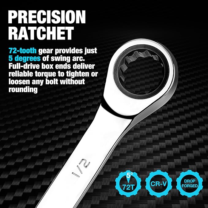 DURATECH 1/2" Ratcheting Combination Wrench, SAE, 72-Tooth, 12-Point, CR-V Constructed with Mirror Polish