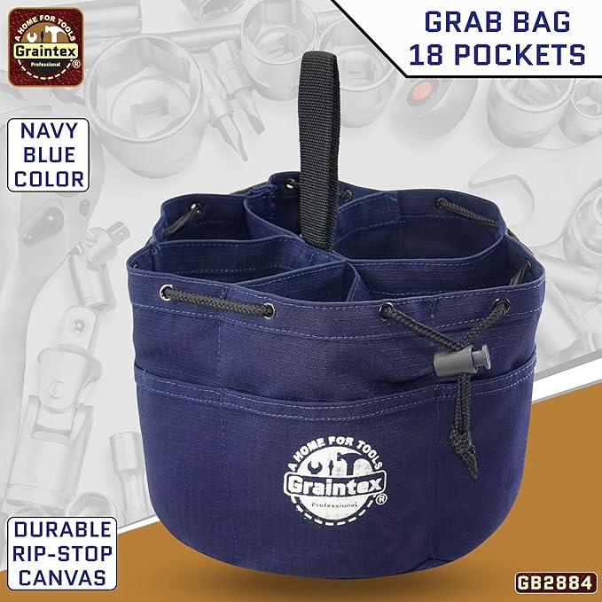 Graintex 18 Pockets Grab Bag Rip-stop Canvas Drawstring Closure, Small Part Organizer Pouch, Small Tools, Screws, Parts, Parachute Tool Bag for Efficient Storage - Navy Blue