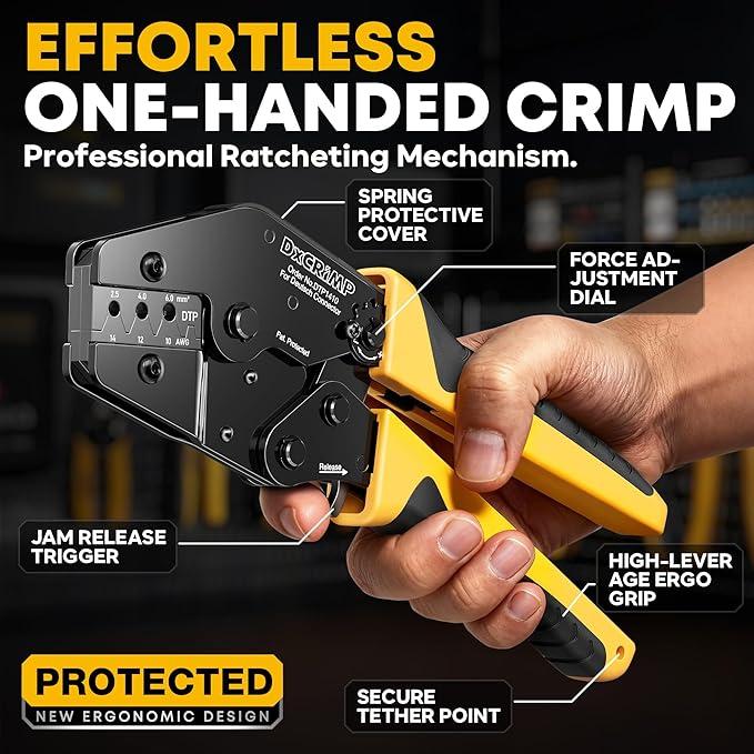 DTP Connector Crimping Tool Kit, 1/2/4/6 Pin 25A Waterproof Automotive Electrical Connectors, Size 12 Stamped Contacts (14-10 AWG), Ratcheting Crimper & Removal Tool, Compatible Deutsch DTP