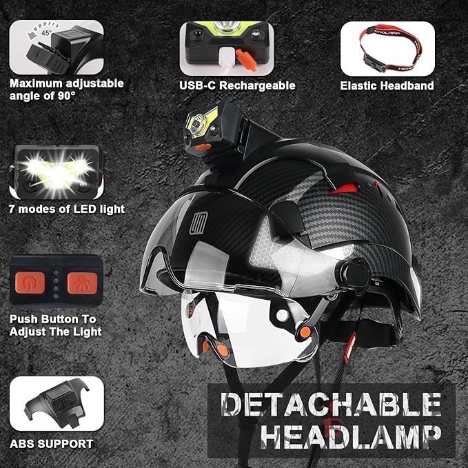 Safety Helmet Hard Hat with Detachable Headlamp Light and Visor Construction Hardhats for Men ANSI/ISEA Z89.1 Certified