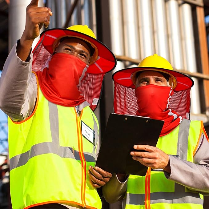 SATINIOR 2 Pcs Sun Hard Hat Neck Protection High Visibility Full Brim Mesh Sun Protection and Neck Gaiter Bandana Face Scarf for Construction Helmet Hard Hat Accessories, Reflective(Red)