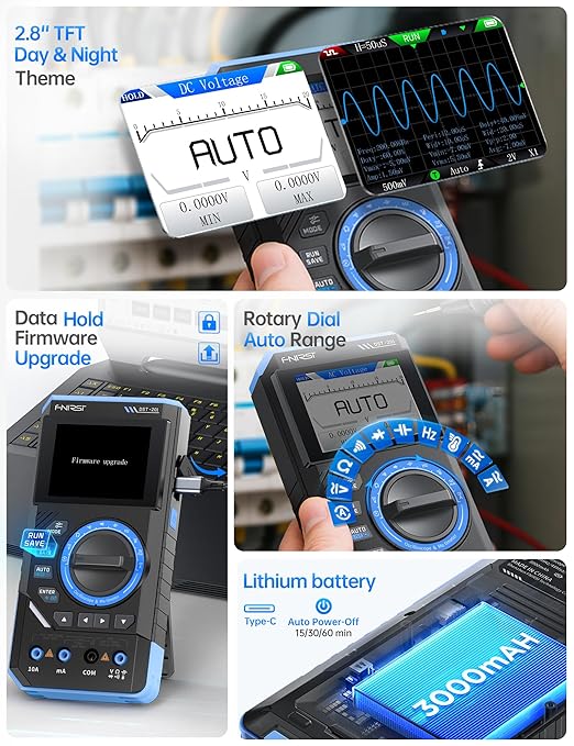 FNIRSI DST-201 3IN1 Digital Multimeter 19999 Counts TRMS, 1MHz Bandwidth Handheld Oscilloscope Multimeter DDS Generator, 5MSa/s Sample Rate, AC/DC Voltage Current Capacitor Resistor Diode Temperature